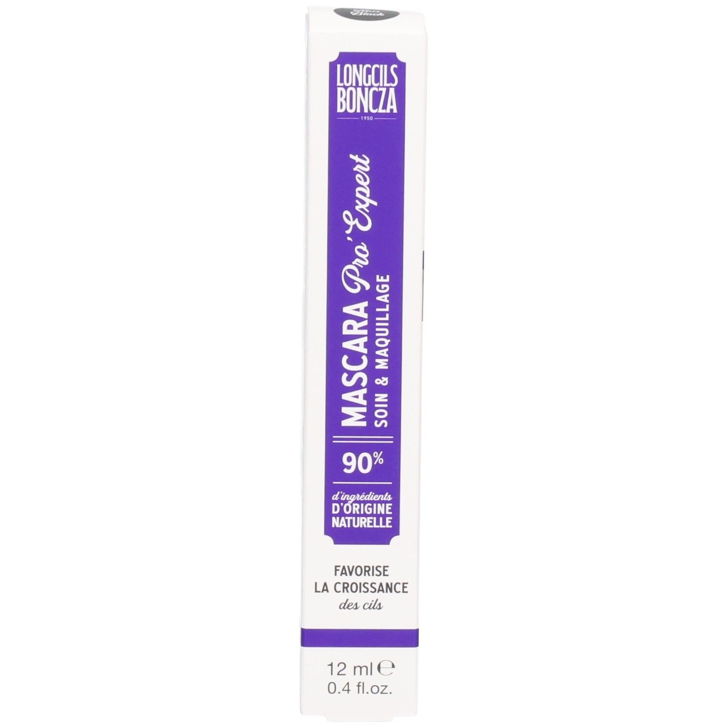 Lila Verpackung mit Aufschrift Mascara Pro'Expert, 90% natürliche Inhaltsstoffe. Vertikale Ansicht.