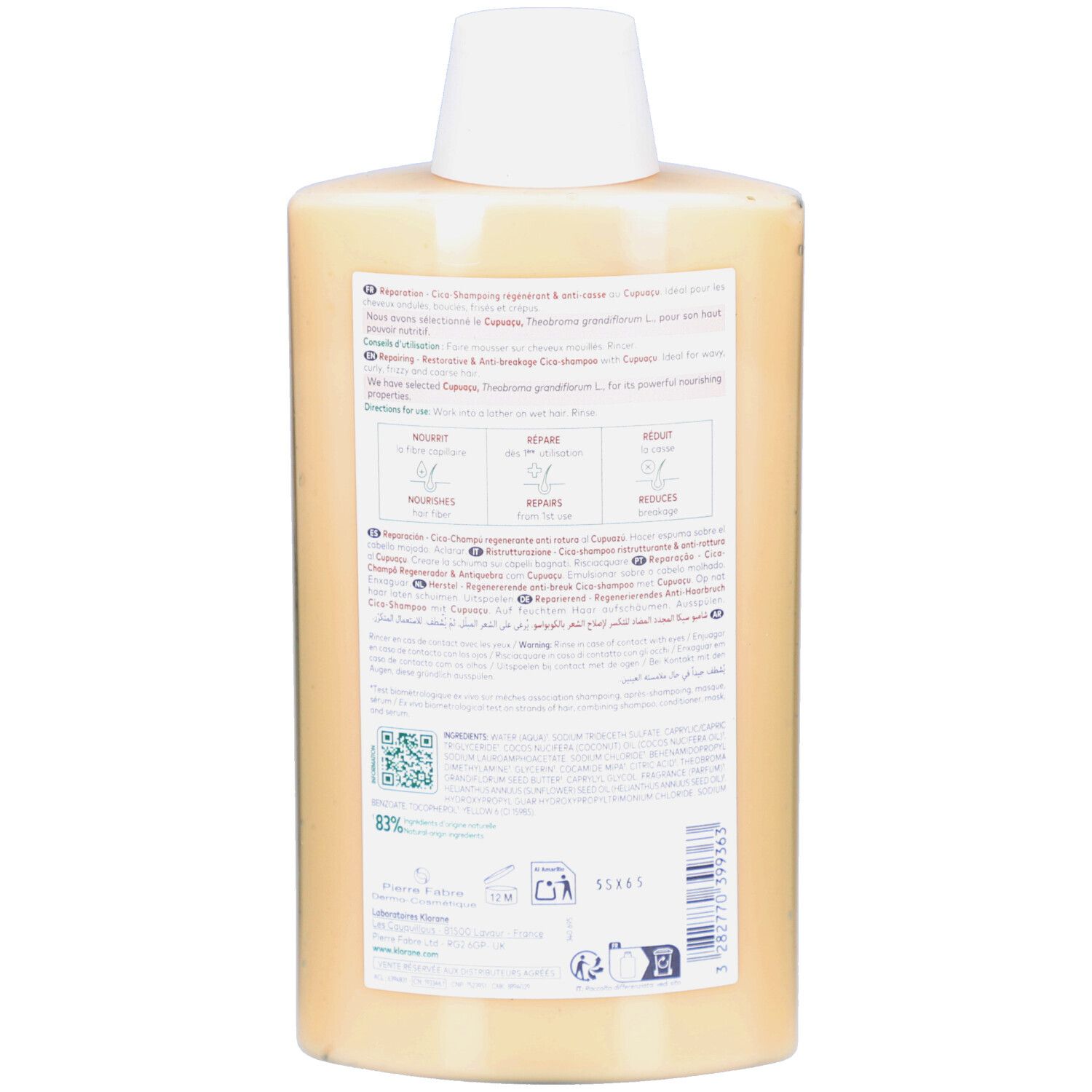 Dos du flacon de KLORANE Cica-Shampoing. Étiquette avec informations produit et code QR.