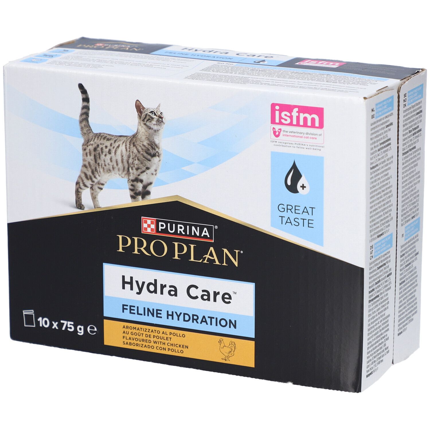 Boîte PURINA PRO PLAN Hydra Care pour chats. Contient 10 sachets de 75g. Image d'un chat sur l'emballage.
