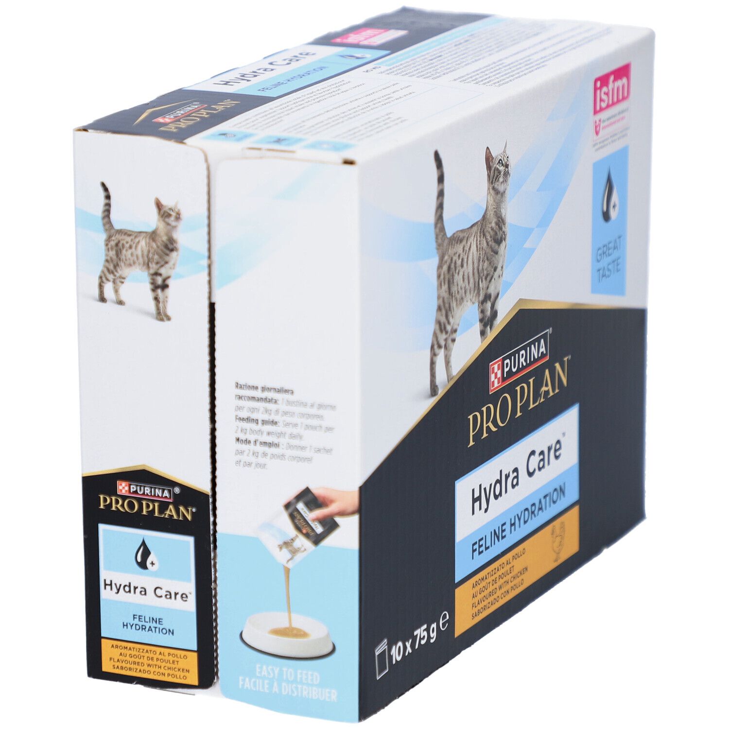 Boîte PURINA PRO PLAN Hydra Care pour chats. Montre un chat et une main versant du liquide dans un bol.