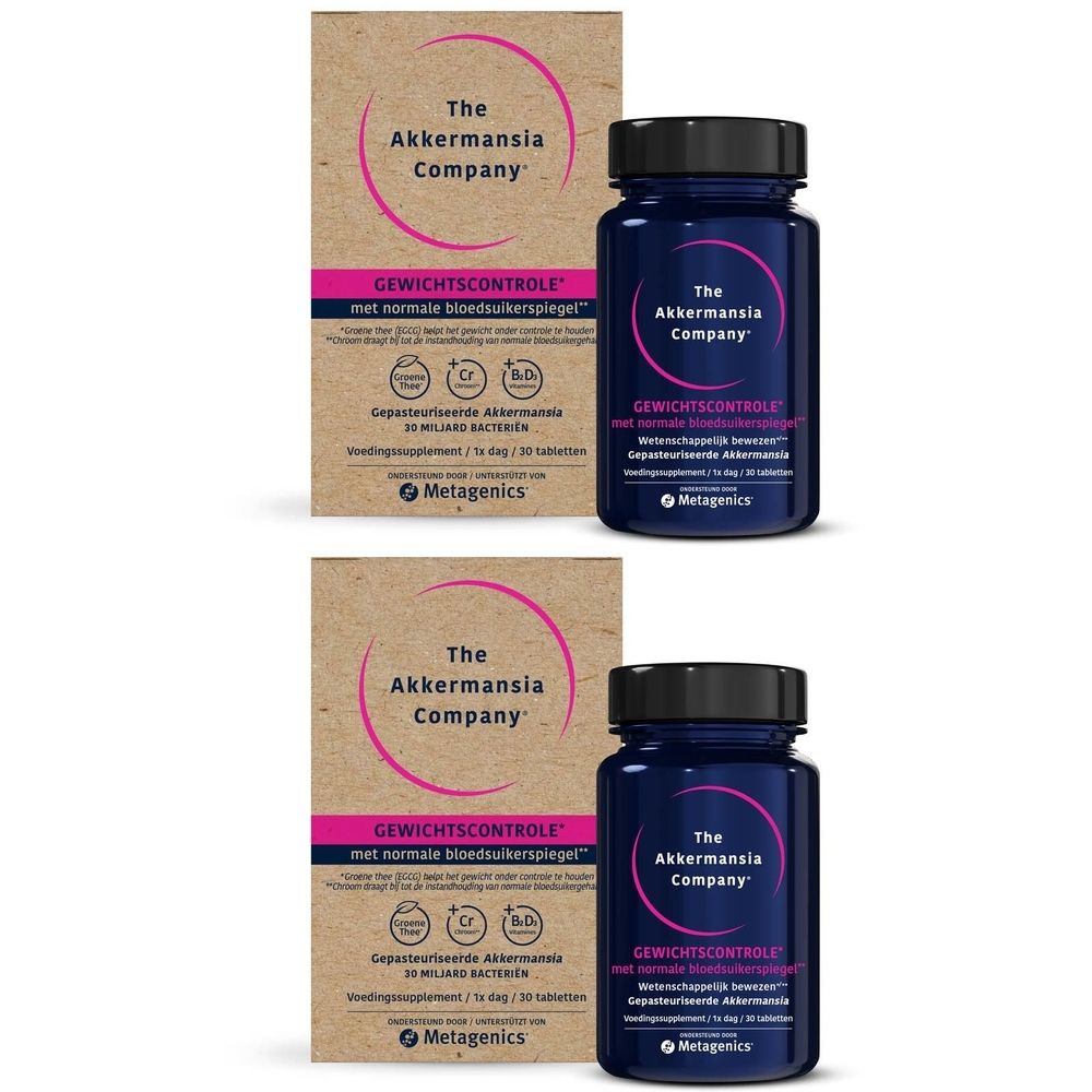 Zwei Flaschen und Schachteln. Aufschrift: The Akkermansia Company. Produktname: GEWICHTSCONTROLE. Mit normalem Blutzuckerspiegel. Marke: Metagenics.