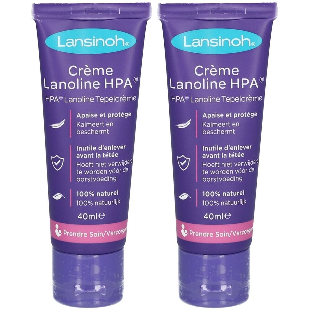 Zwei Tuben Creme mit Aufschrift "Lansinoh Crème Lanoline HPA". Lila Tuben mit blauer Schrift und 40ml.