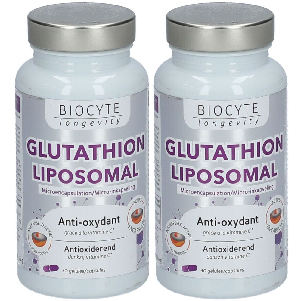 Zwei Flaschen mit silbernen Deckeln. Aufschrift: BIOCYTE Glutathion Liposomal. Enthält 30 Kapseln. Anti-Oxidant.