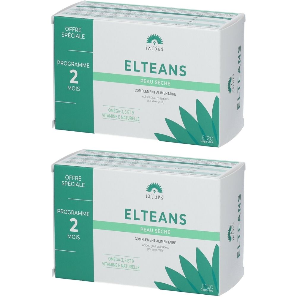 Zwei weiße Kartons mit der Aufschrift "ELTEANS". Aufschrift "Peau Seche" und "Complement Alimentaire". Grünliche Akzente und Logo.