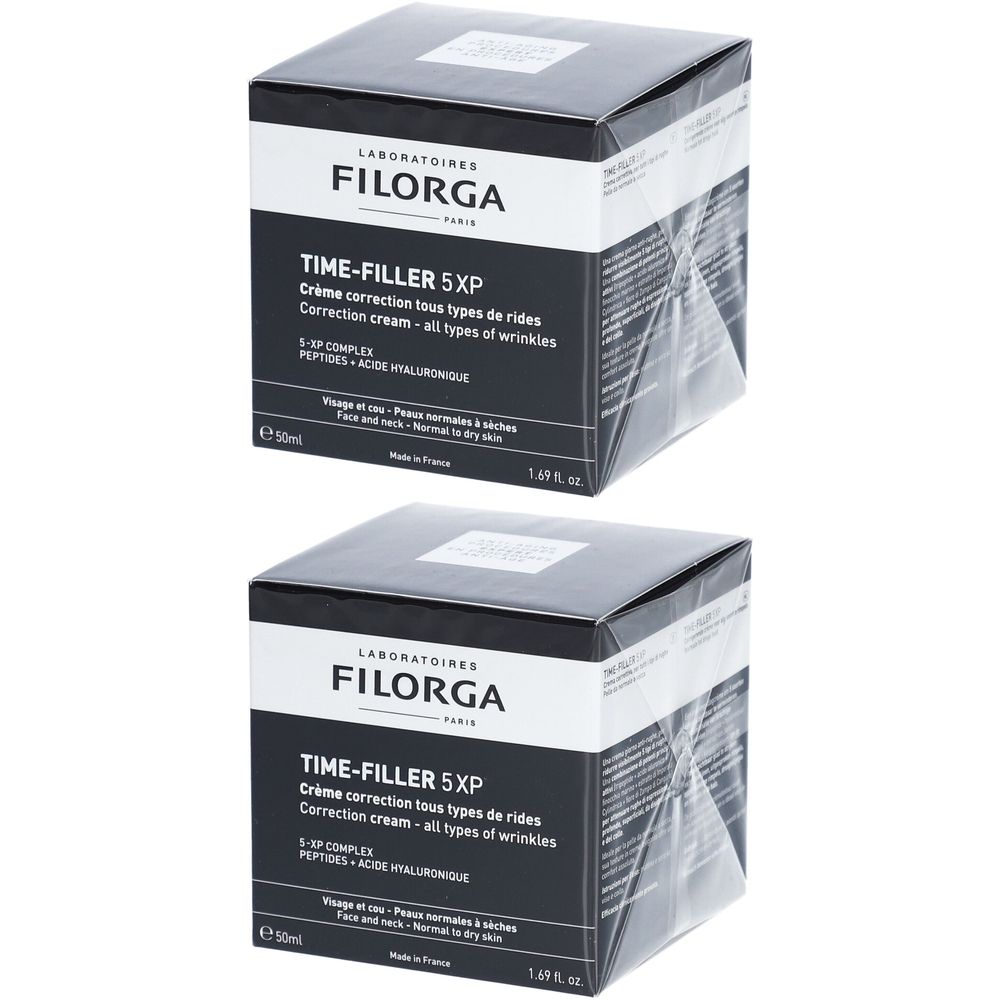 Zwei quadratische Schachteln. Aufschrift: FILORGA, TIME-FILLER 5XP. Creme gegen Falten. Für normale bis trockene Haut. 50ml.