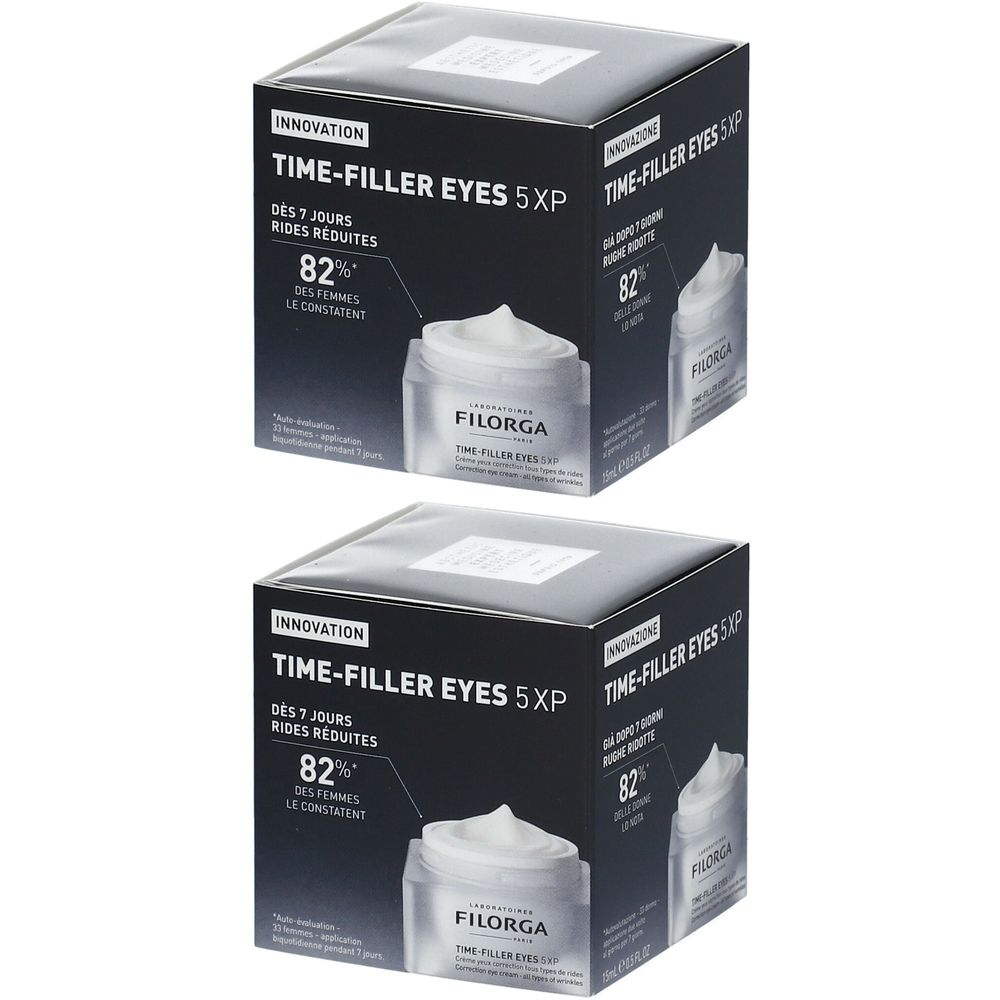 Zwei quadratische Schachteln. Aufschrift: Time-Filler Eyes 5XP. Abbildung eines Cremetiegels. Marke: Filorga.