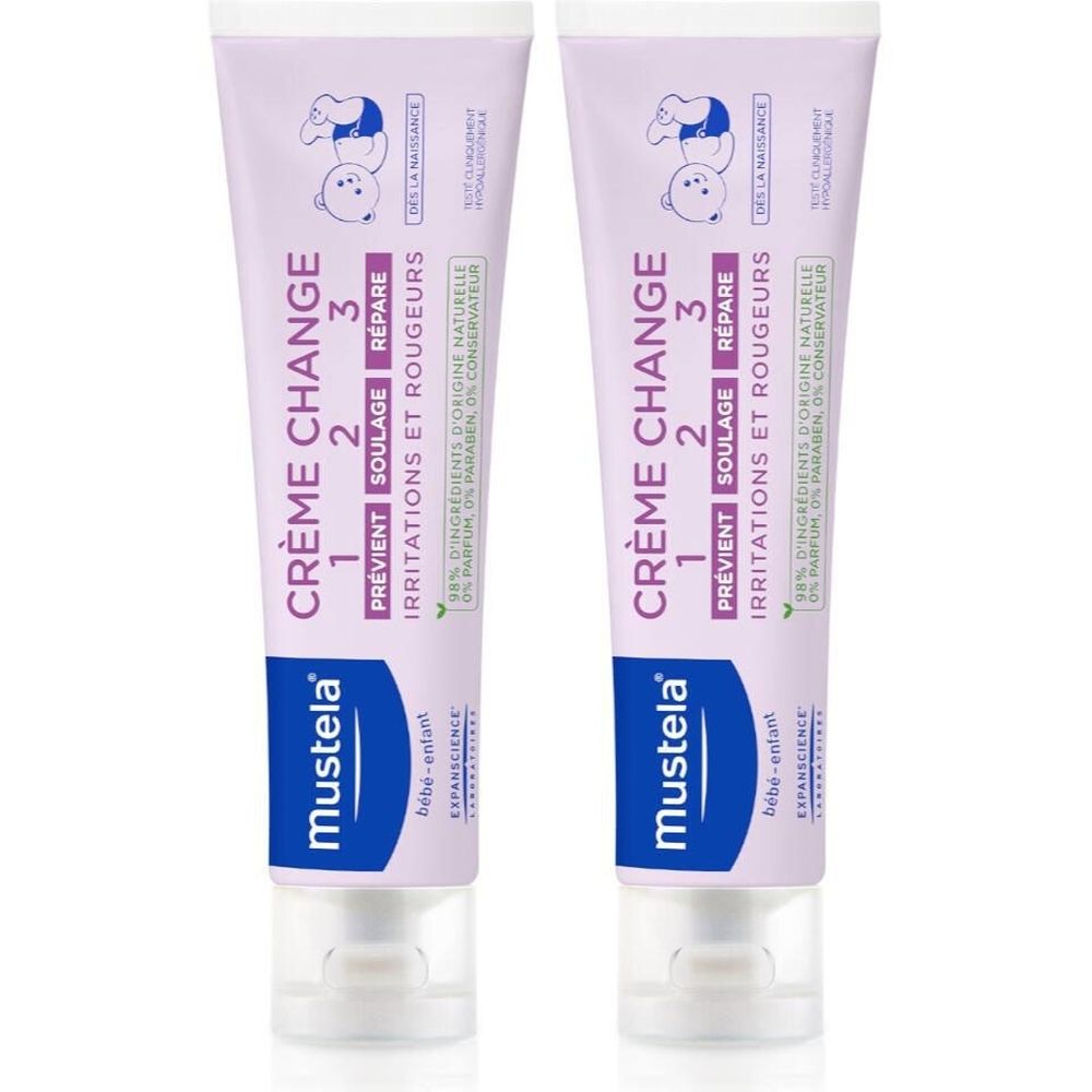 Deux tubes de crème CRÈME CHANGE 1 2 3. Marque Mustela. Tubes violets et blancs.