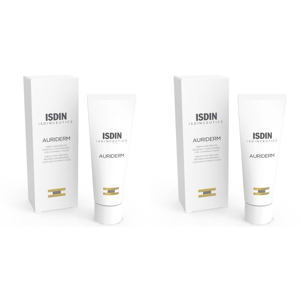 Zwei Tuben und Schachteln. Auf den Tuben und Schachteln steht "ISDIN", "Auriderm". Weiße Verpackung mit goldfarbenen Akzenten.