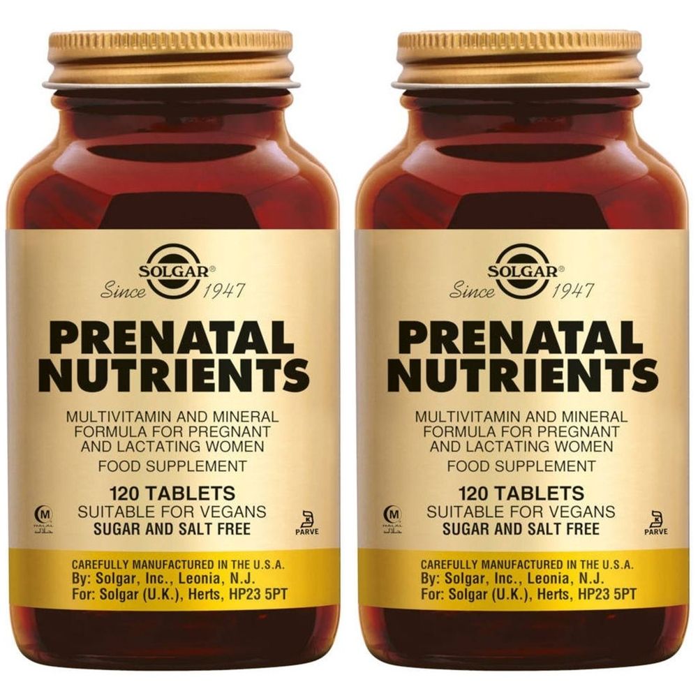 Zwei Flaschen Solgar Prenatal Nutrients. Braune Glasflaschen mit goldenen Deckeln. Aufschrift: Prenatal Nutrients, 120 Tabletten.