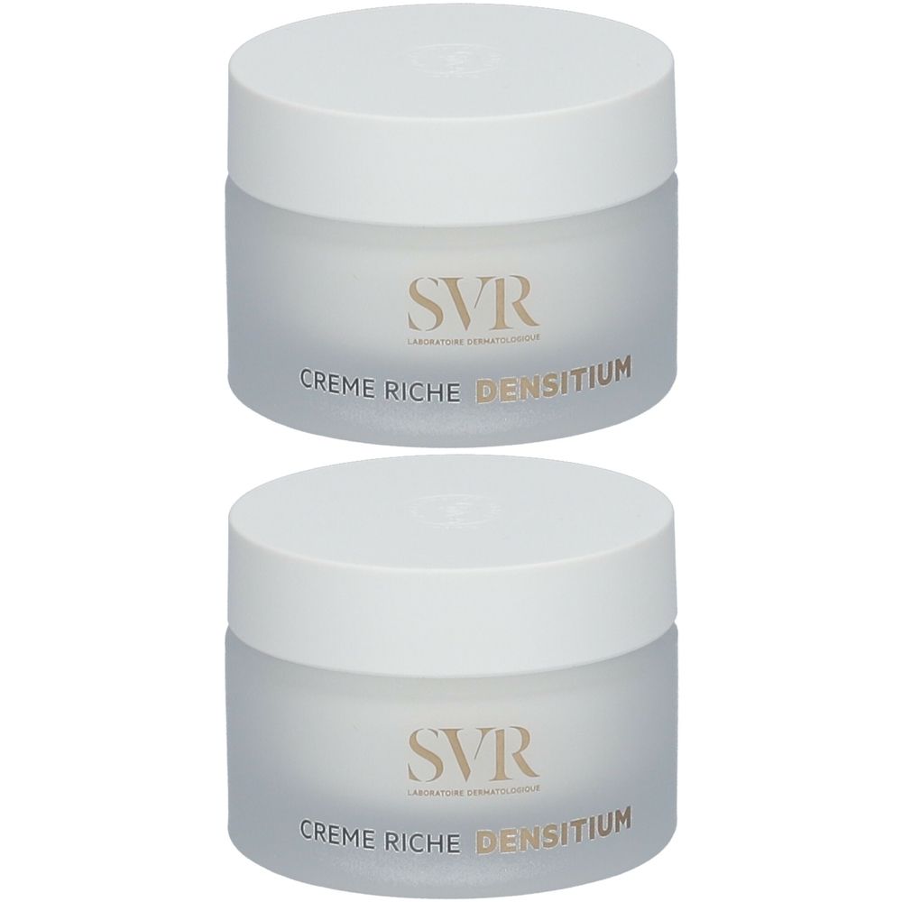 Zwei Tiegel Creme Riche Densitium von SVR. Weiße Deckel, milchige Gläser mit goldfarbenem Schriftzug.