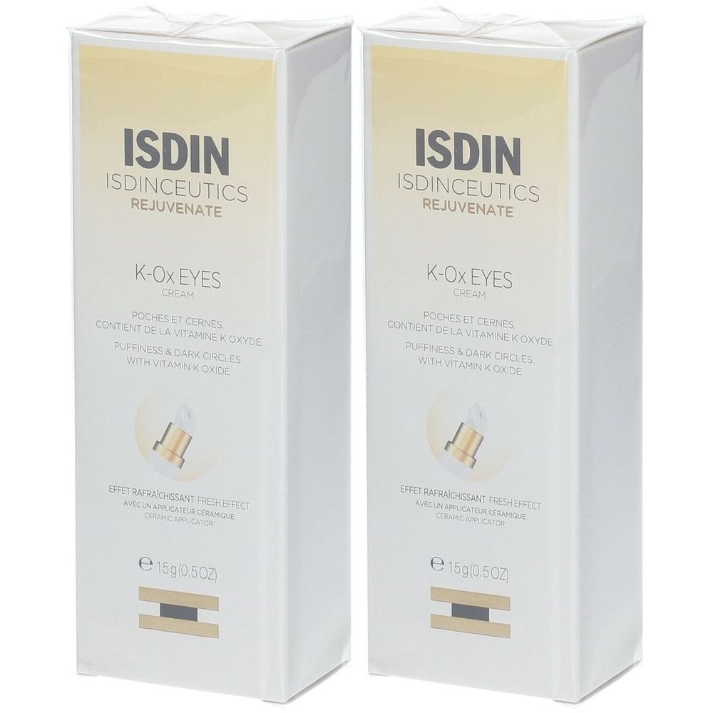 Deux boîtes blanches avec informations produit. Inscription: ISDIN, K-Ox Eyes Cream. Contient de la vitamine K oxyde. 15g.
