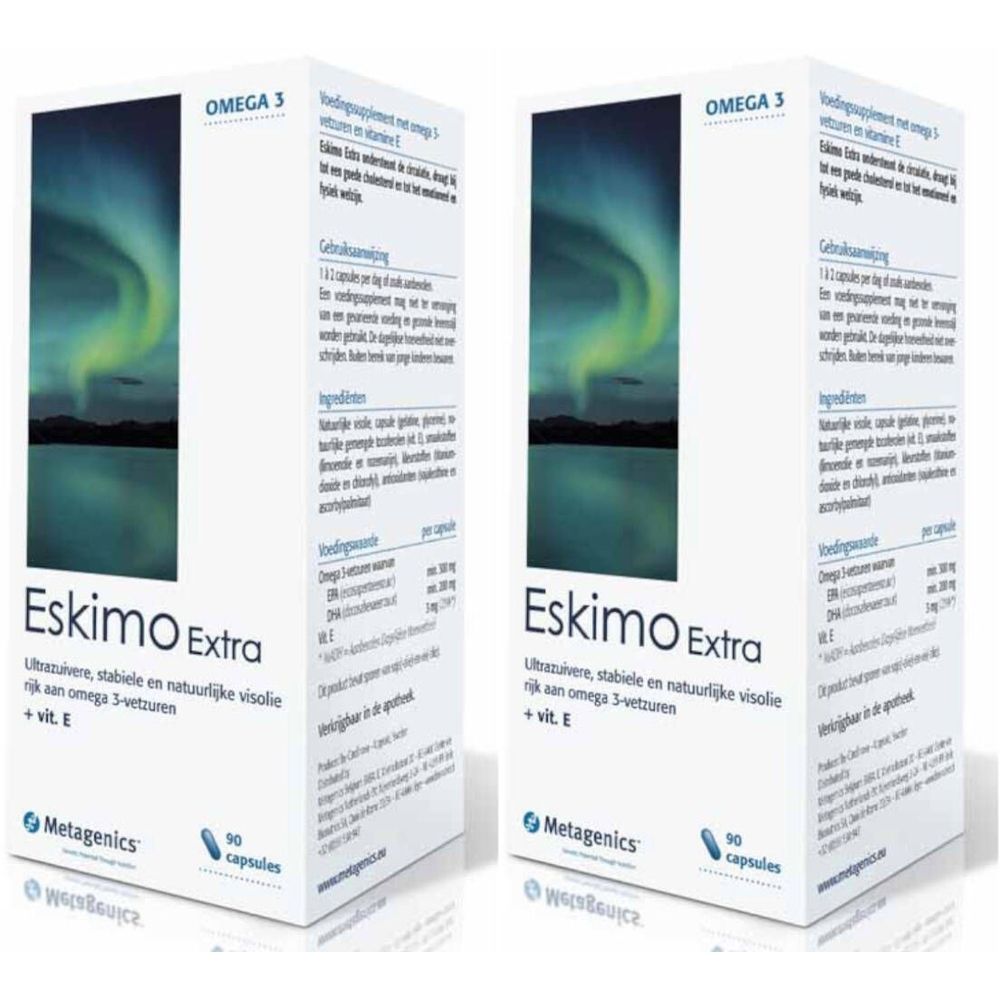 Zwei weiße Schachteln mit Eskimo Extra-Aufdruck. Oben steht Omega 3. Auf der Verpackung sind weitere Informationen abgebildet.