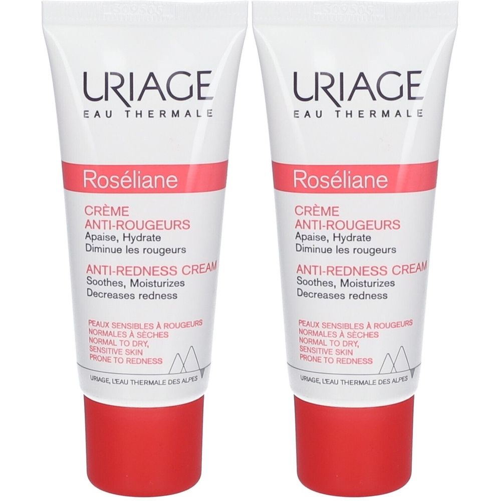 Zwei Tuben Roséliane Creme. Weiß, mit rotem und rosa Schriftzug. Marke URIAGE. Text: Anti-Rötungen, beruhigt, spendet Feuchtigkeit.