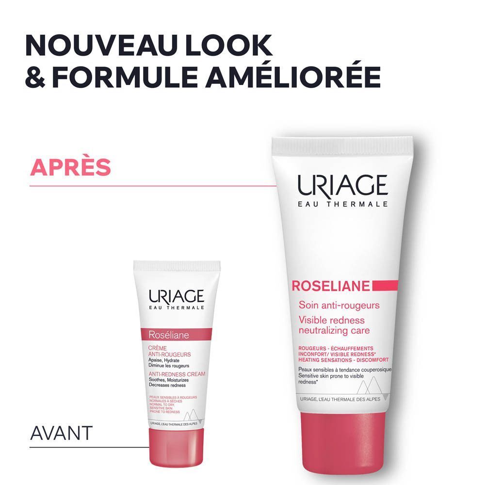 Comparaison avant-après. Crème URIAGE Roséliane. Texte: Nouveau look & formule améliorée.