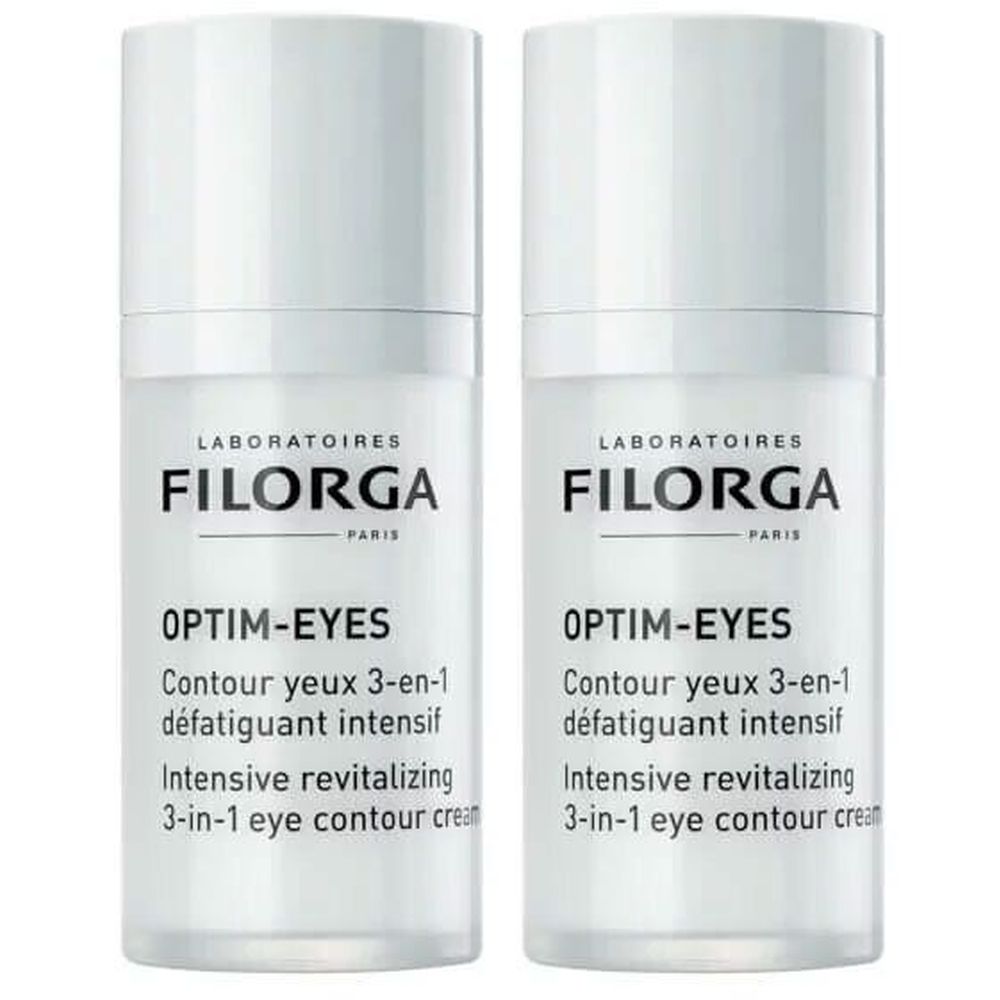 Zwei weiße Flaschen mit schwarzer Schrift. Auf jeder Flasche steht "FILORGA OPTIM-EYES" und weitere Produktinformationen.