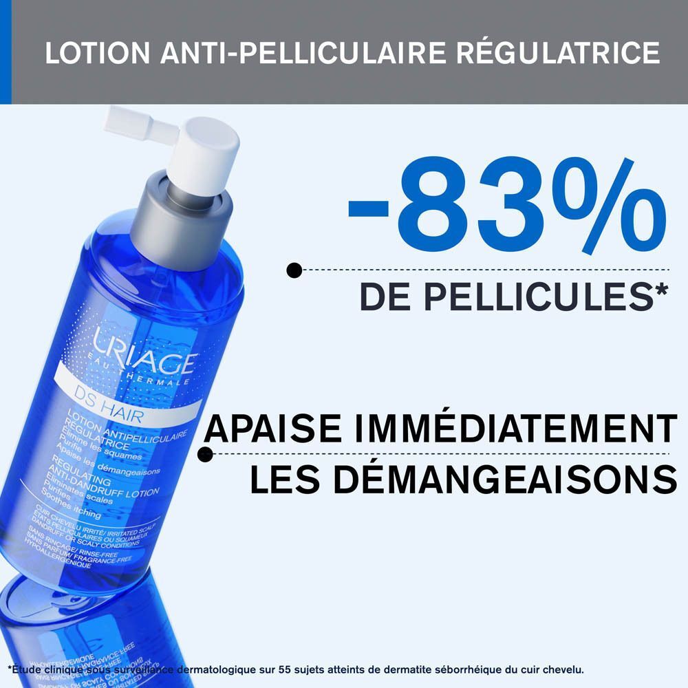URIAGE DS HAIR Lotion Spray, flacon bleu. Texte: -83% DE PELLICULES, APAISE IMMÉDIATEMENT LES DÉMANGEAISONS.