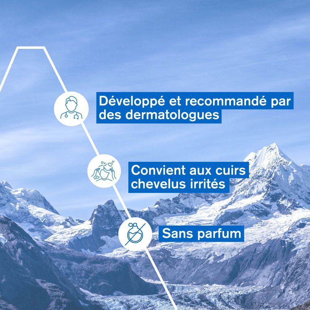 Graphique avec icônes: Dermatologues, pour cuirs chevelus irrités, sans parfum. Fond: paysage de montagne.