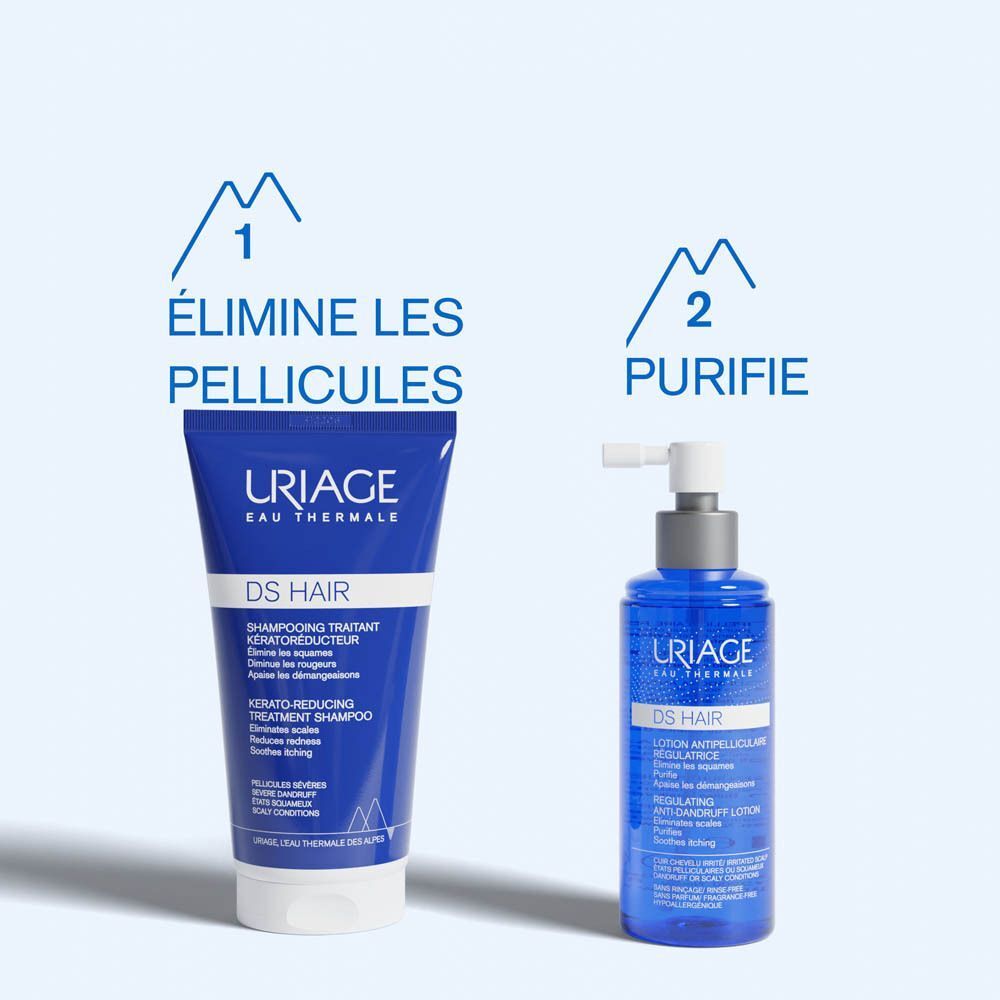 URIAGE DS HAIR Shampooing et Lotion Spray. Texte: Elimine les pellicules, Purifie.
