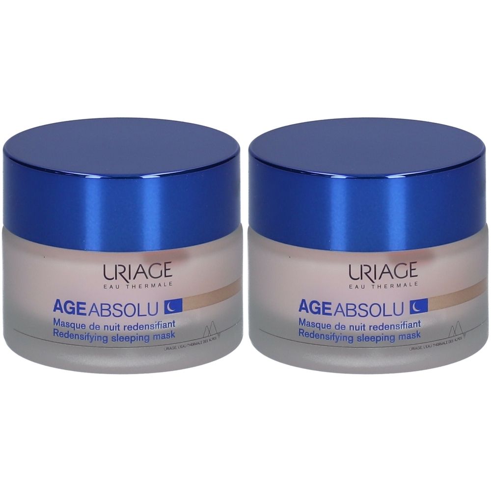 Zwei Tiegel mit blauem Deckel. Aufschrift: URIAGE AGE ABSOLU, Masque de nuit redensifiant, Redensifying sleeping mask.