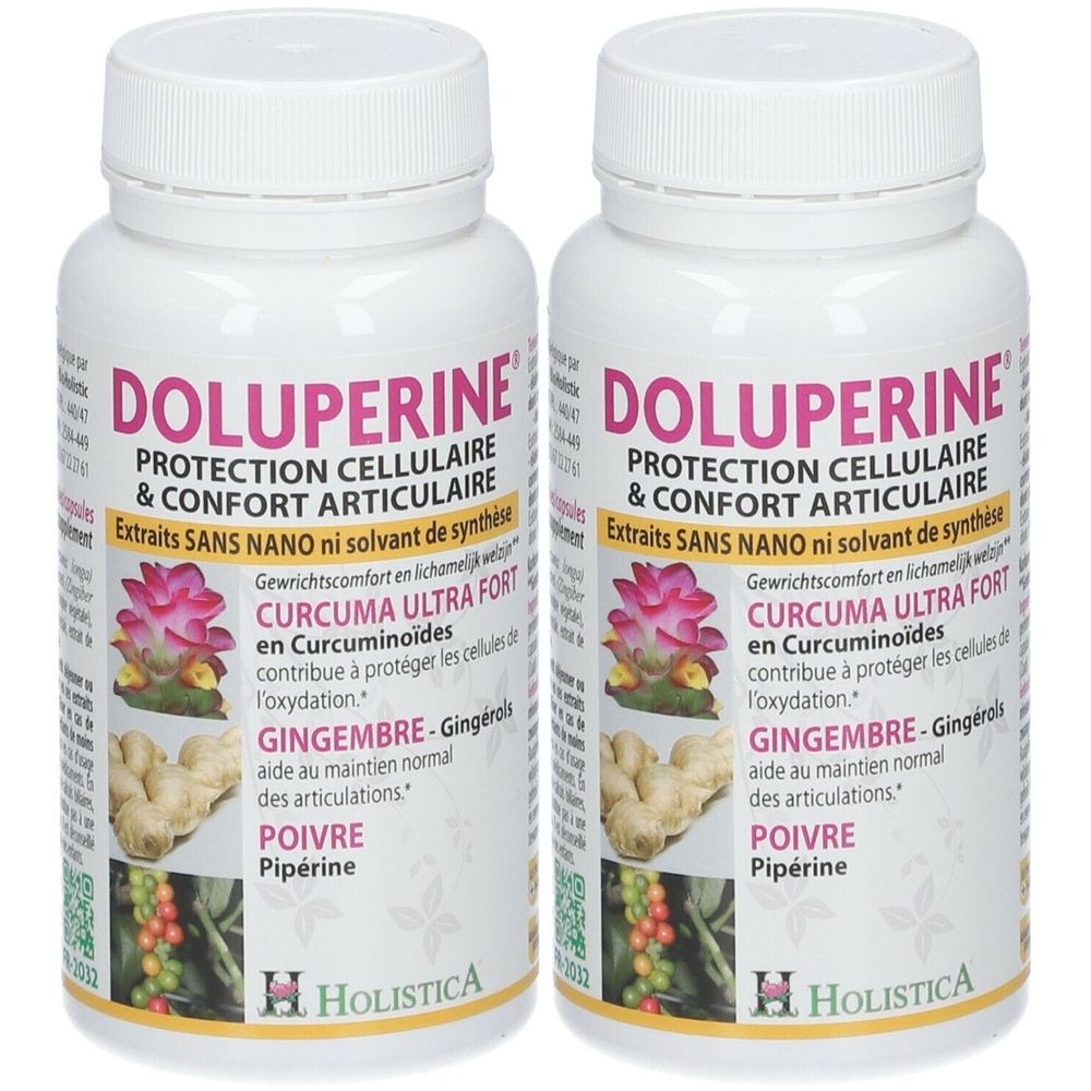 Deux flacons blancs de DOLUPERINE. Protection cellulaire et confort articulaire. Ingrédients : curcuma, gingembre, poivre. Logo HOLISTICA.