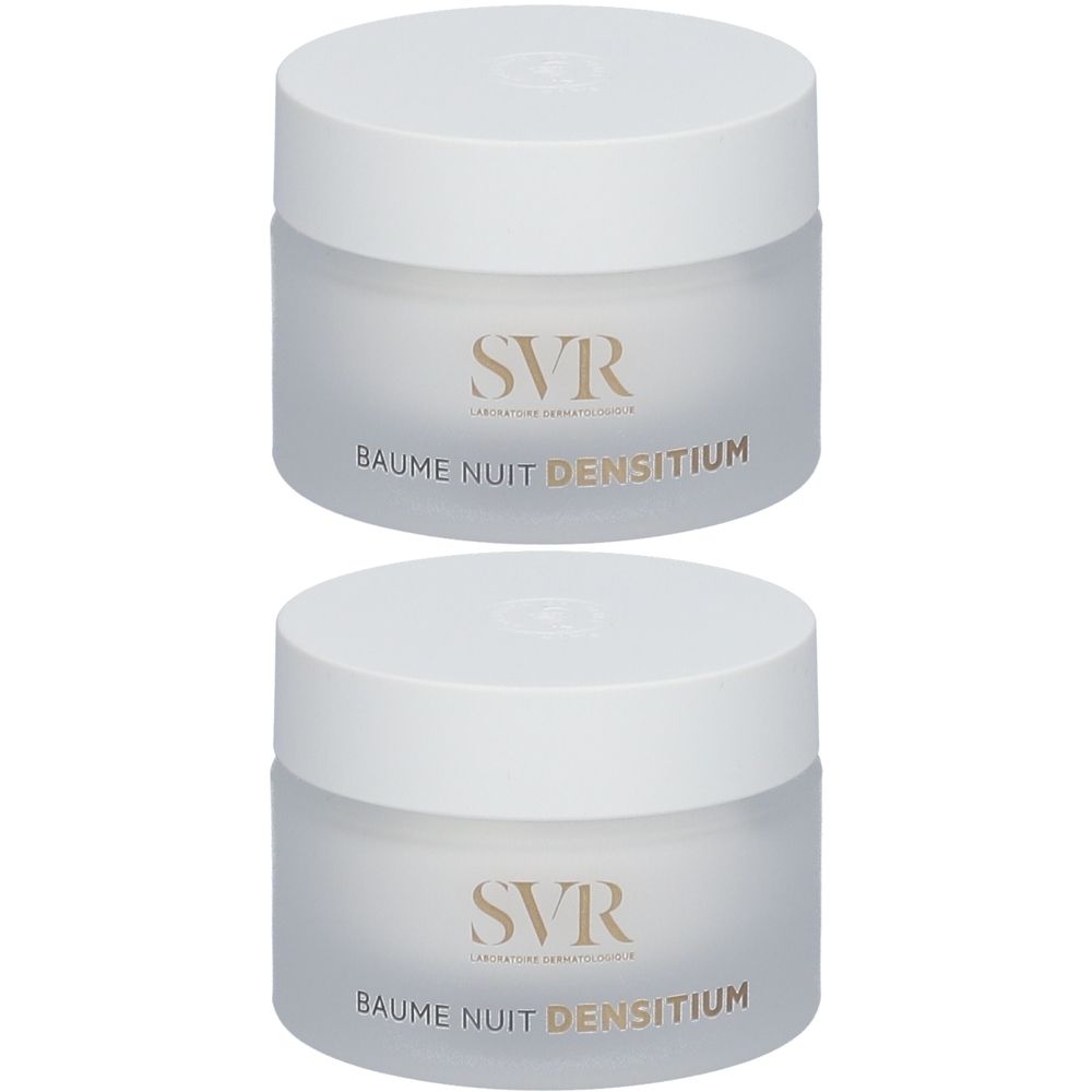 Zwei Tiegel mit weißem Deckel und durchscheinendem Glas. Aufschrift: SVR, Baume Nuit Densitium.