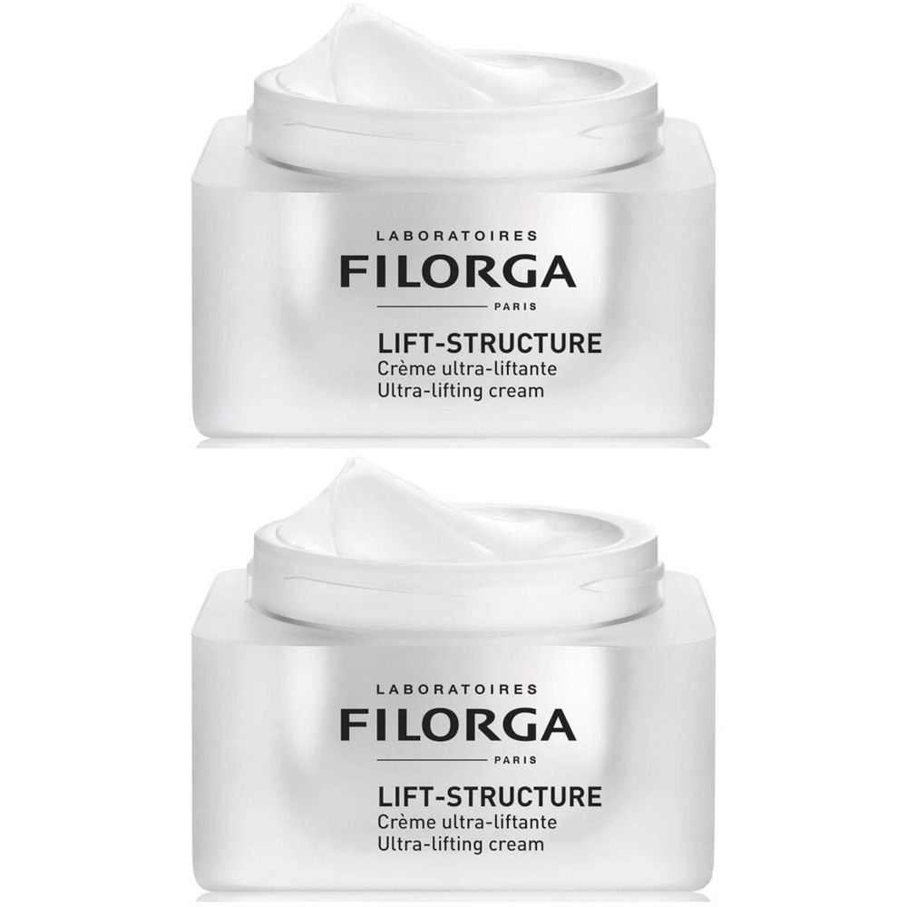 Deux pots de crème ouverts. Inscription: FILORGA, LIFT-STRUCTURE, Crème ultra-liftante, Ultra-lifting cream.