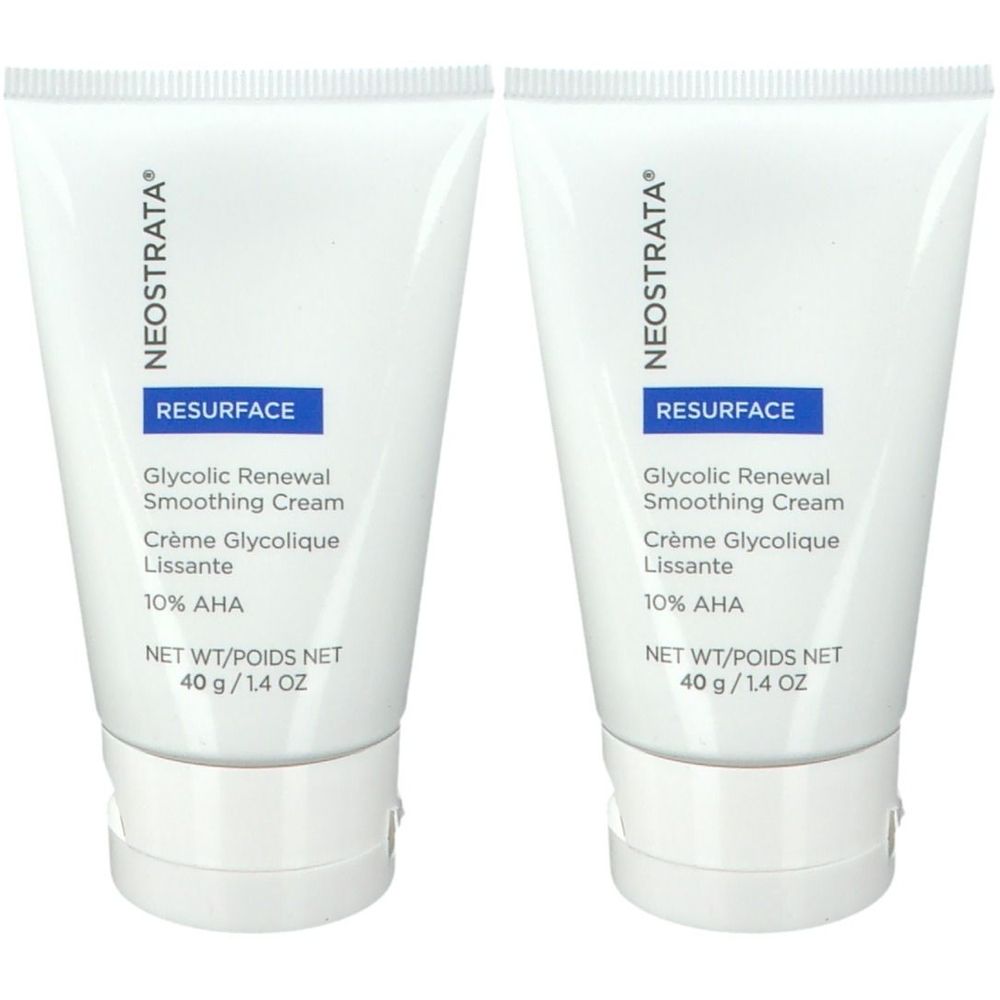 Zwei Tuben mit weißem Körper und weißem Deckel. Aufschrift: NEOSTRATA, RESURFACE, Glycolic Renewal Smoothing Cream, 10% AHA.