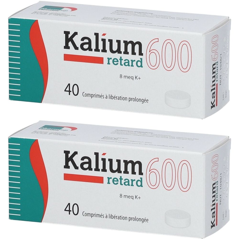 Zwei Schachteln mit der Aufschrift Kalium retard 600. Jede Schachtel enthält 40 Tabletten.
