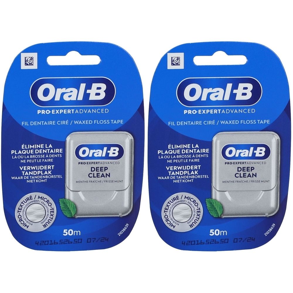 Zwei Packungen Zahnseide. Blaue Verpackung mit weißem Behälter. Marke Oral-B, Produktname Deep Clean. 50m.
