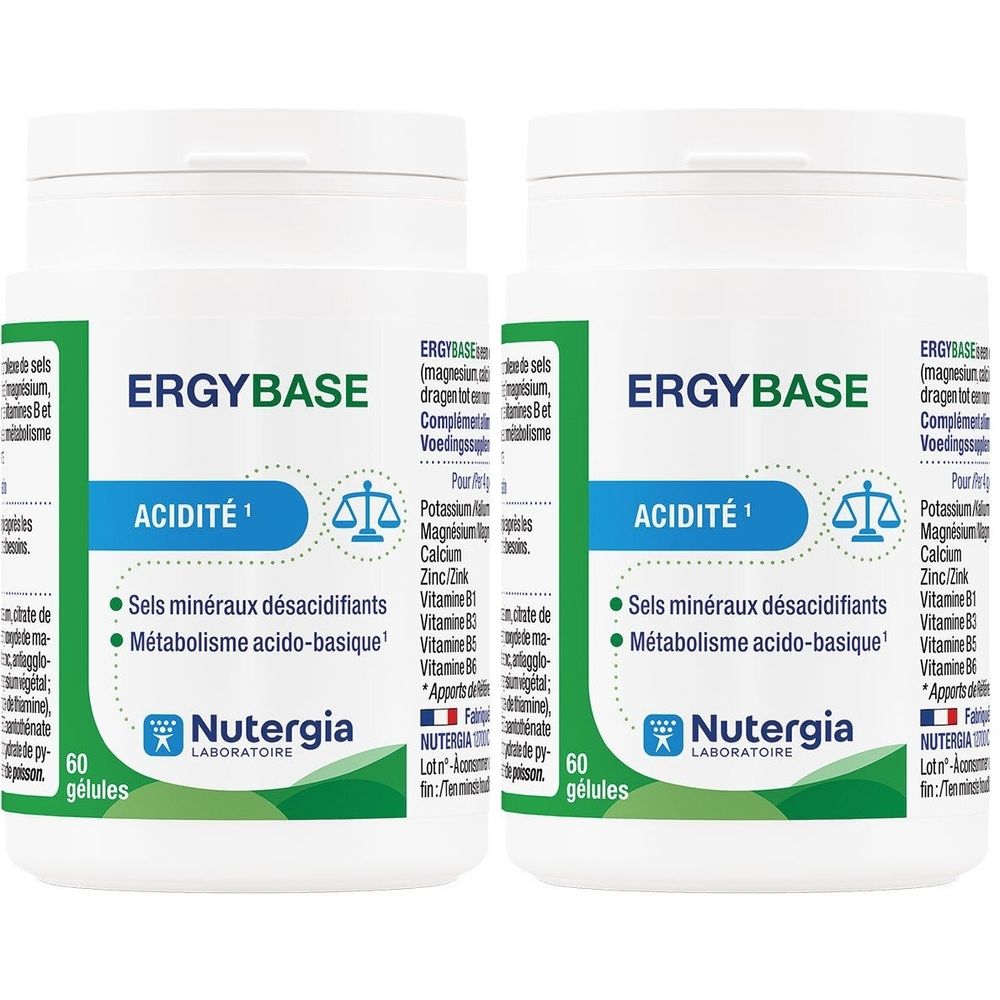 Zwei weiße Flaschen mit grünem Etikett. Aufschrift: Ergybase, Acidité, Nutergia Laboratoire. 60 Kapseln.