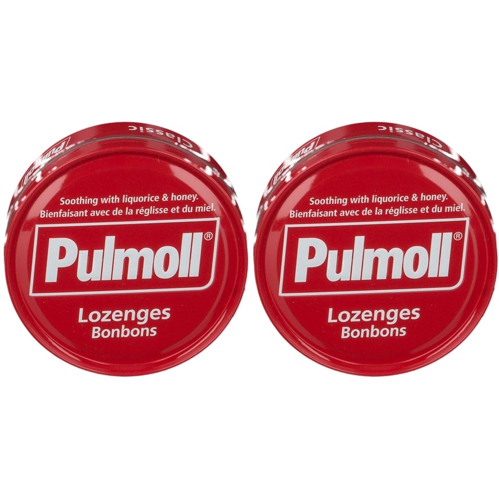 Zwei rote Dosen mit weißem Schriftzug Pulmoll. Text: Lozenges Bonbons. Oben: Soothing with liquorice & honey. Bienfaisant avec de la réglisse et du miel.