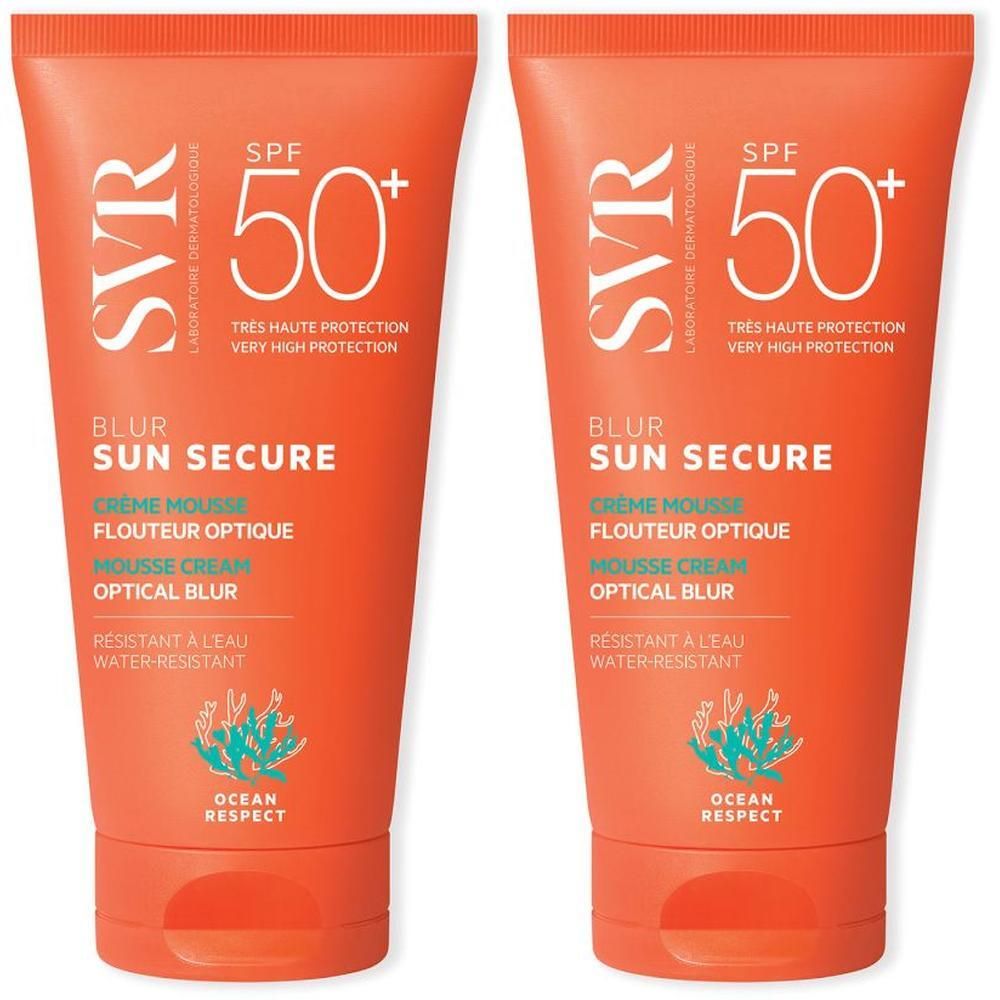 Deux tubes de SVR Sun Secure Blur LSF50+. Emballage orange avec texte blanc. Contient SPF 50+ et "Blur Sun Secure".
