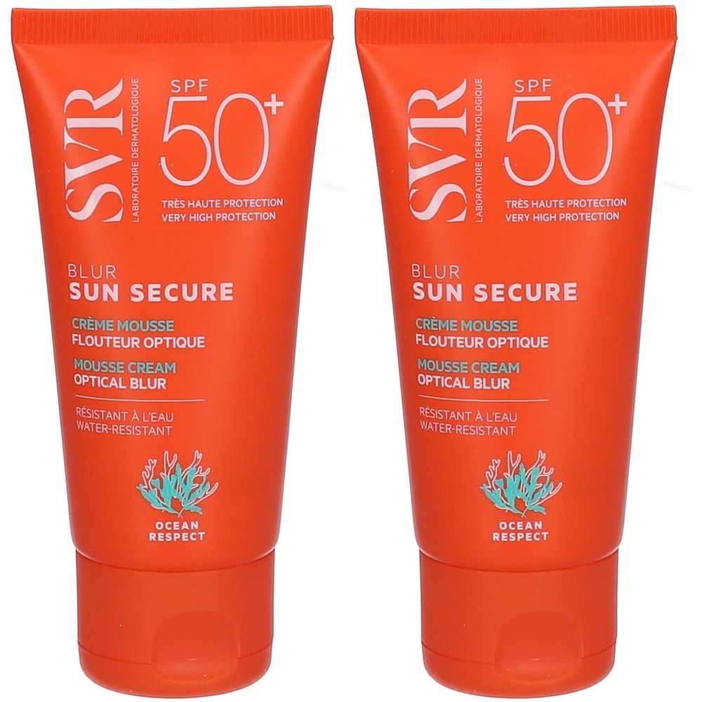 Deux tubes de crème solaire orange. Marque SVR, nom SUN SECURE, SPF 50+. Texte blanc. Résistant à l'eau. Respect de l'océan.