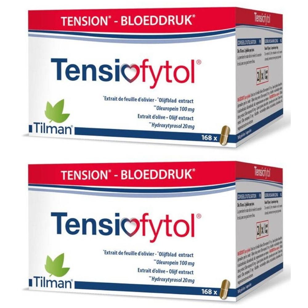 Zwei Packungen mit dem Produktnamen Tensiofytol. Aufschrift: TENSION - BLOEDDRUK. Enthält 168 Kapseln. Marke: Tilman.
