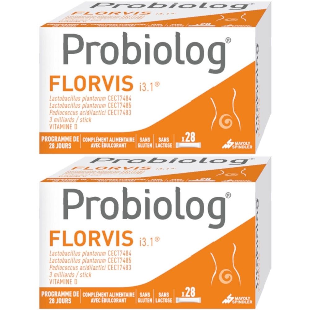 Deux boîtes de Probiolog FLORVIS i3.1. Inscription: 28 jours, sans gluten et lactose. Contient de la vitamine D.
