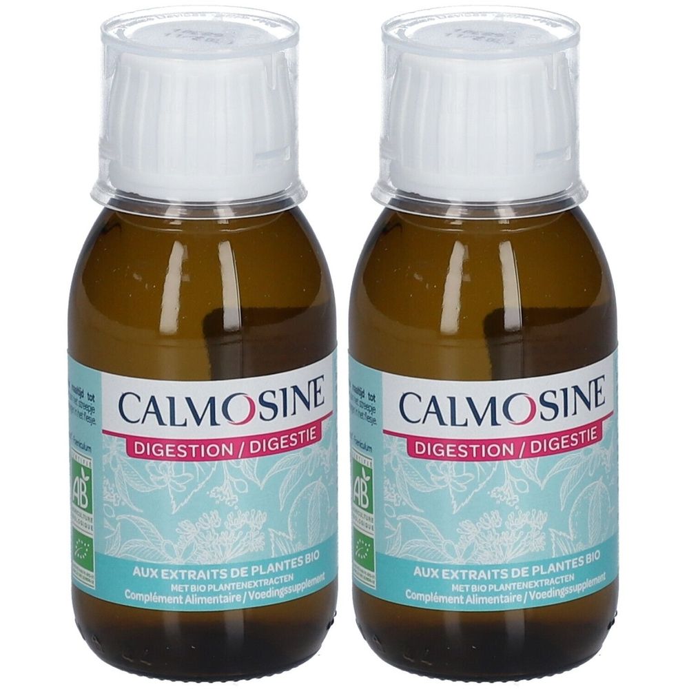 Zwei Flaschen mit weißem Deckel. Aufschrift CALMOSINE DIGESTION/DIGESTIE. Mit Bio-Pflanzenextrakten.