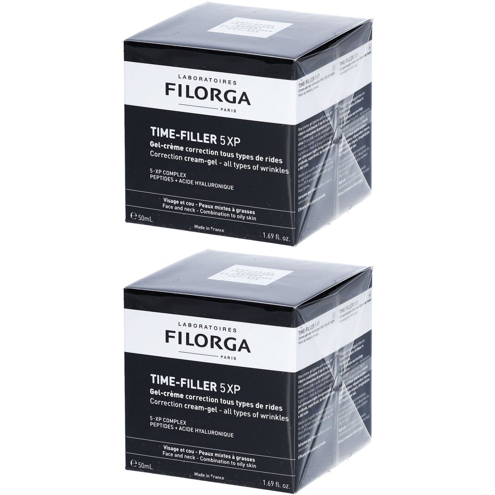 Deux boîtes carrées, couvercle noir, étiquette blanche. Texte: FILORGA TIME-FILLER 5XP. Gel-crème correction tous types de rides.