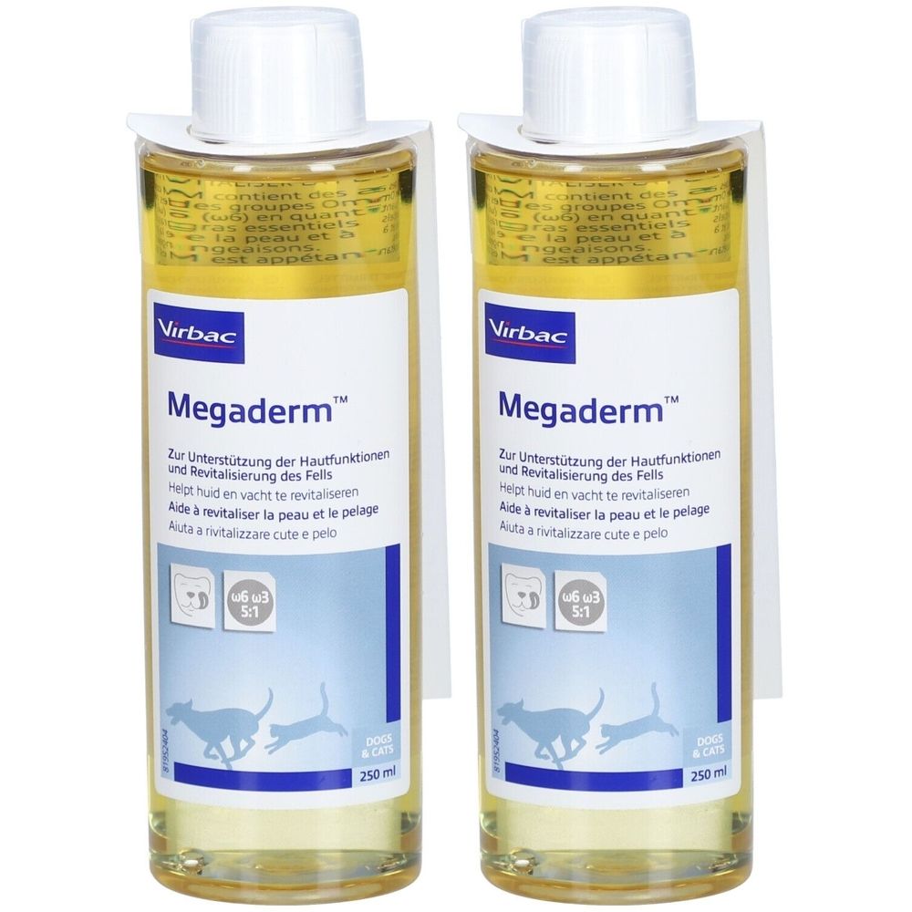 Zwei Flaschen Virbac Megaderm. Etiketten mit Produktnamen und Text. Flüssigkeit gelb. 250 ml.