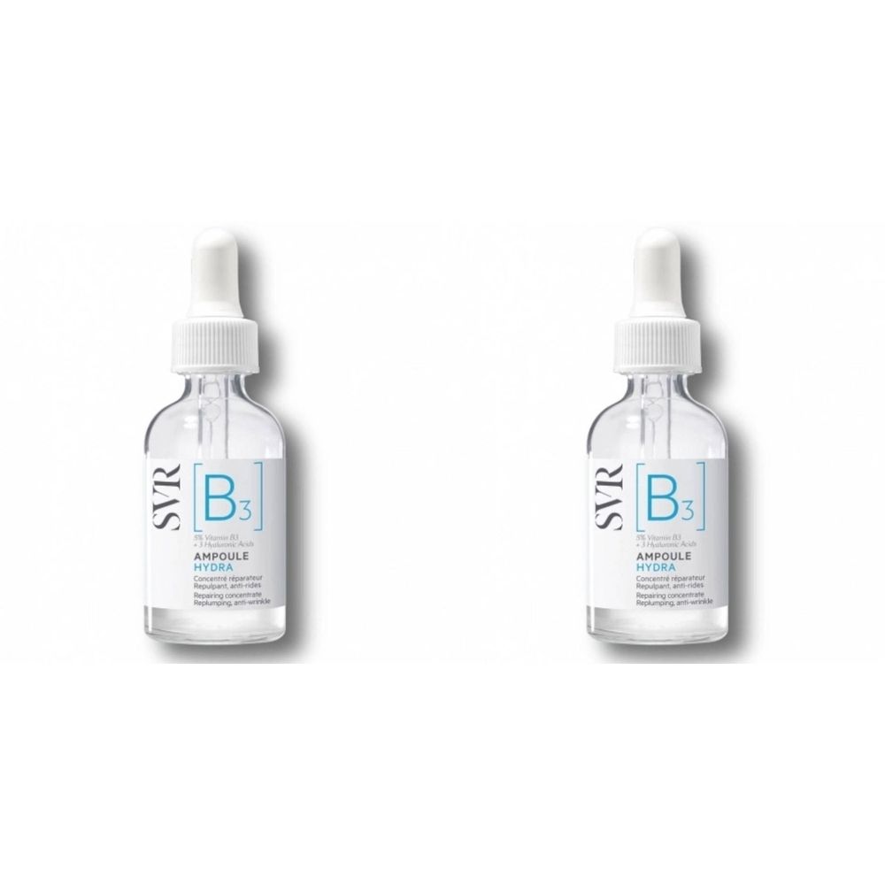 Zwei transparente Flaschen mit weißem Verschluss und Pipette. Aufschrift SVR, B3 und Ampoule Hydra.