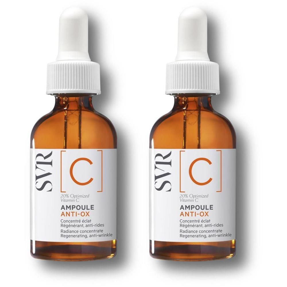 Deux flacons de liquide brun, compte-gouttes blanc. Étiquette: SVR [C] Ampoule Anti-Ox, 20% Vitamine C.