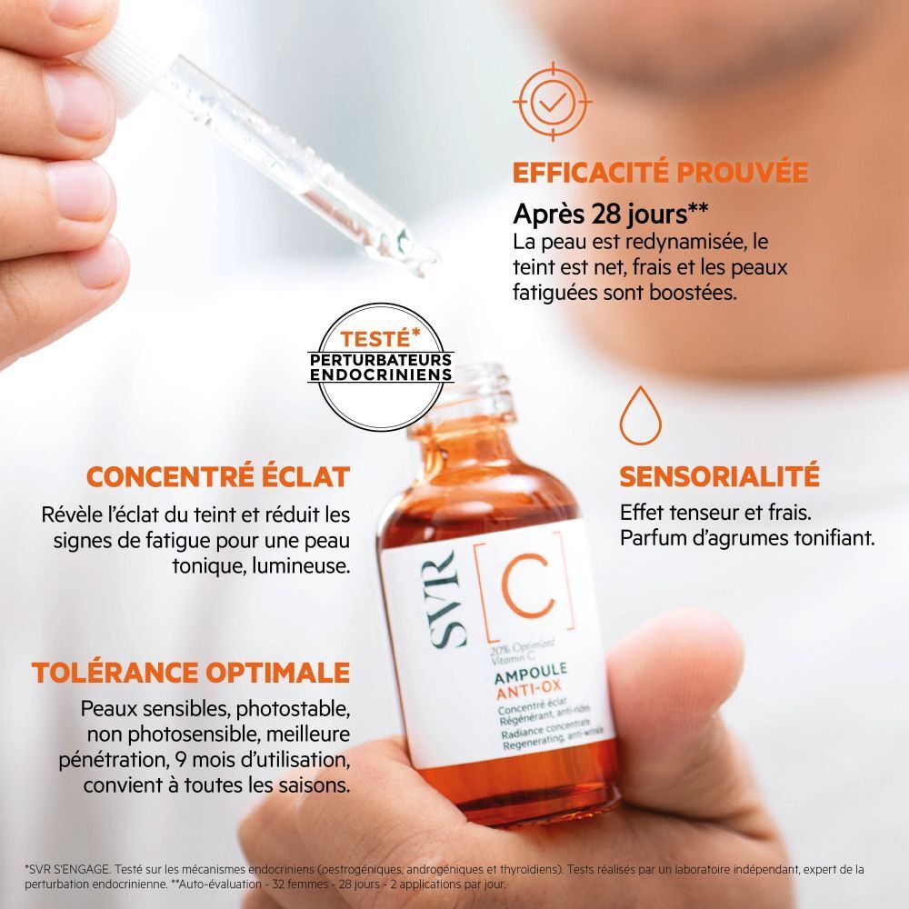 Flacon avec liquide brun et compte-gouttes. Texte: SVR [C] Ampoule Anti-Ox, 20% Vitamine C. Diagrammes et texte.