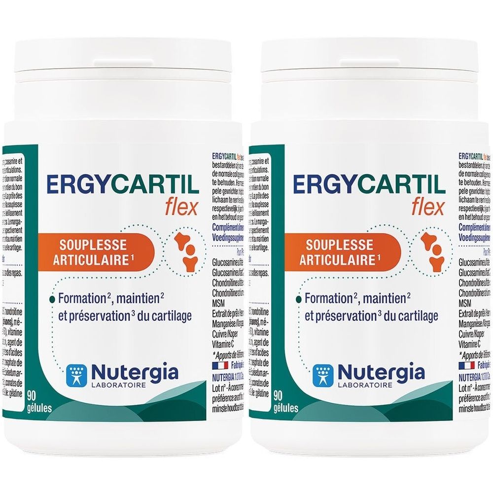 Deux flacons blancs avec étiquettes. Inscription : Ergycartil Flex, Souplesse Articulaire, Nutergia Laboratoire.