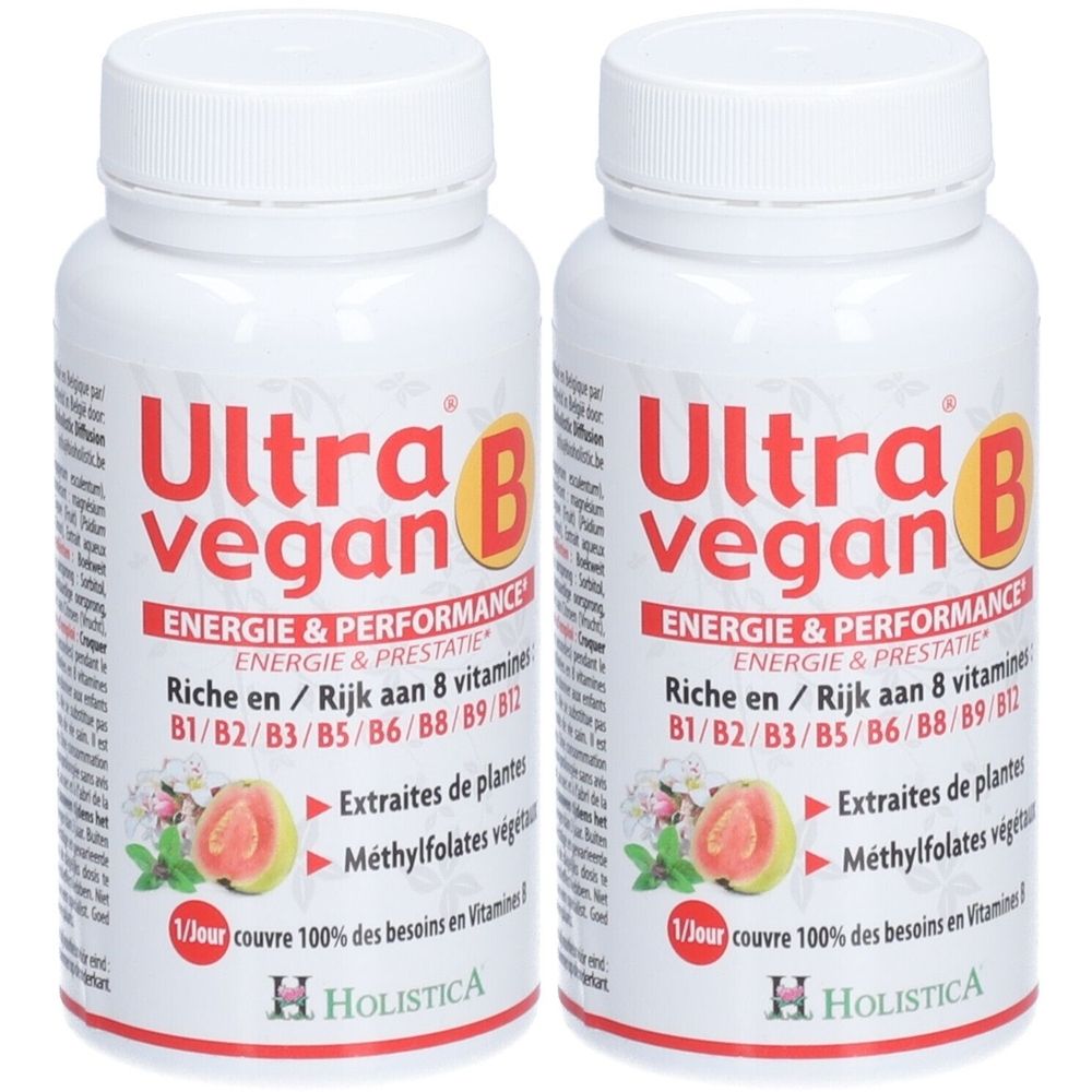 Zwei weiße Flaschen mit roter und gelber Beschriftung. Aufschrift: Ultra Vegan B, Energie & Performance. Marke: HOLISTICA.