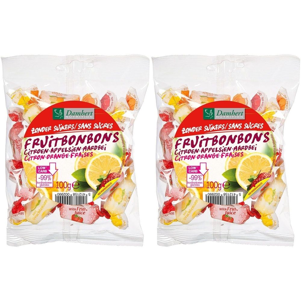 Zwei Beutel Damhert Fruchtbonbons, zuckerfrei. Aufschrift: Zitrone, Orange, Erdbeere. Verpackung mit Frucht-Illustrationen und Logo.