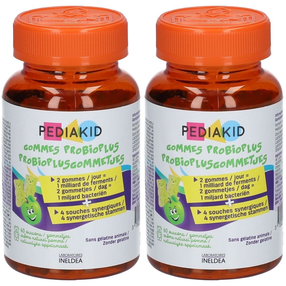 Deux flacons de PEDIAKID Gommes Probioplus. Bouchon orange, flacon marron avec étiquette blanche. Texte : Gommes Probioplus, 4 souches synergiques.
