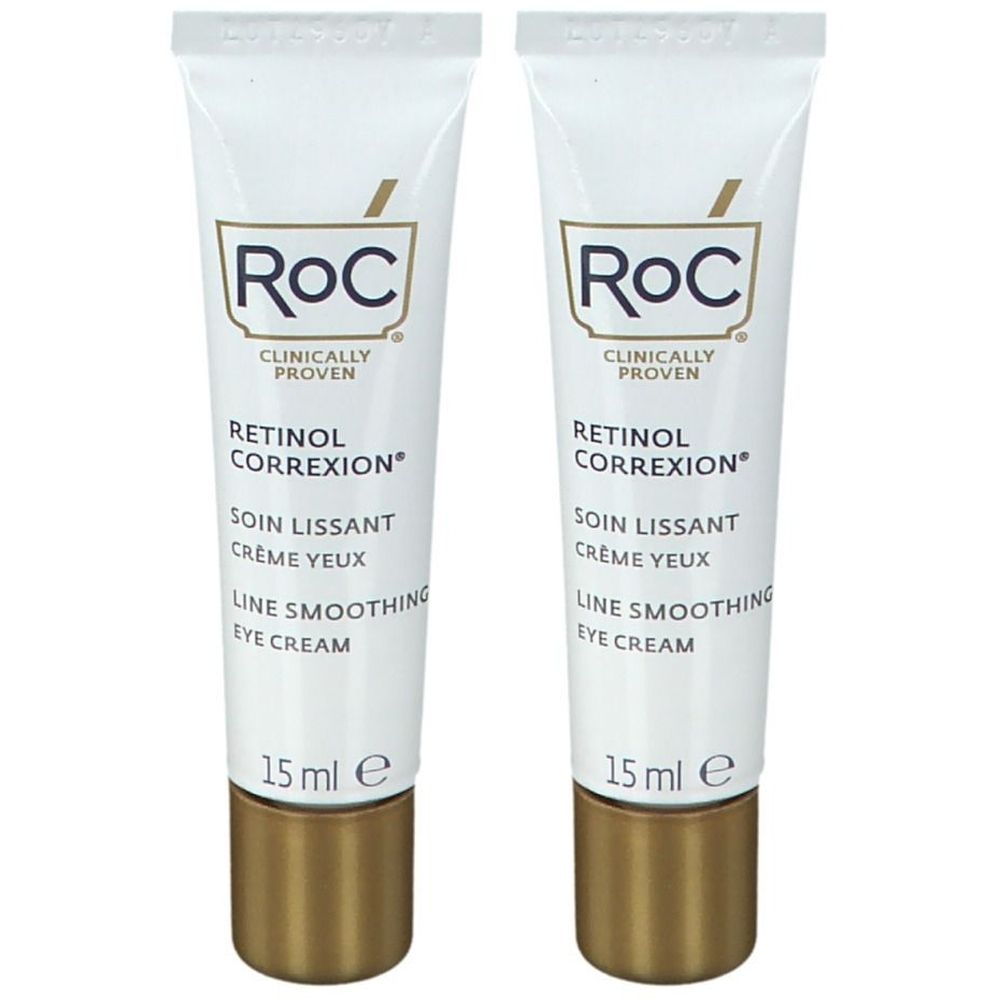 Deux tubes de crème pour les yeux RoC Retinol Correxion. Tubes blancs avec bouchons dorés. Texte : Retinol Correxion, crème yeux, 15 ml.