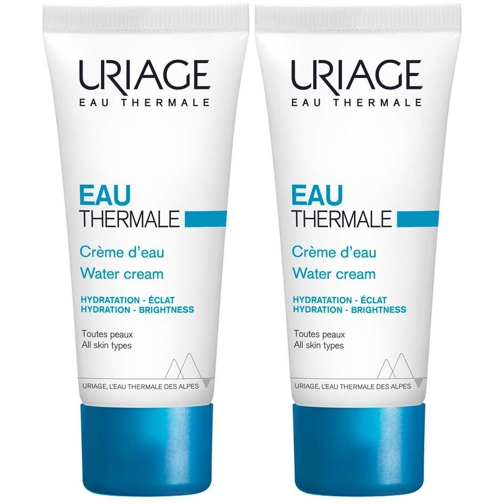 Deux tubes de crème Uriage Eau Thermale. Tubes blancs avec des accents bleus. Texte: Eau Thermale, Crème d'eau, Water cream, Hydratation-Éclat.