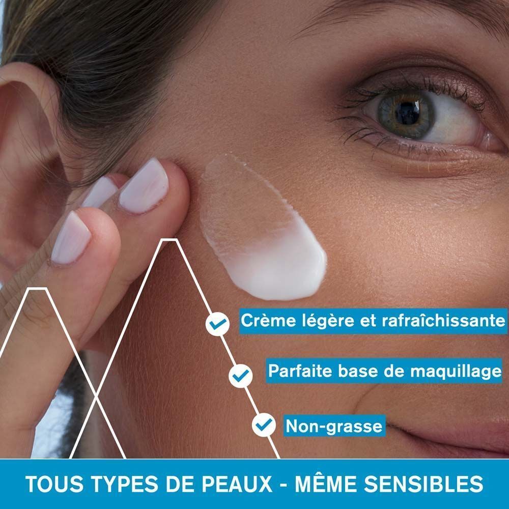 Visage avec crème. Texte: Crème légère et rafraîchissante, Parfaite base de maquillage, Non-grasse. Tous types de peaux.