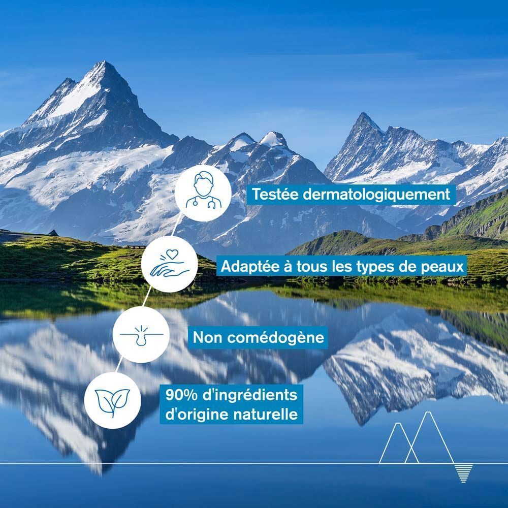 Paysage avec montagnes et lac. Texte: Testée dermatologiquement, Adaptée à tous les types de peaux, Non comédogène.