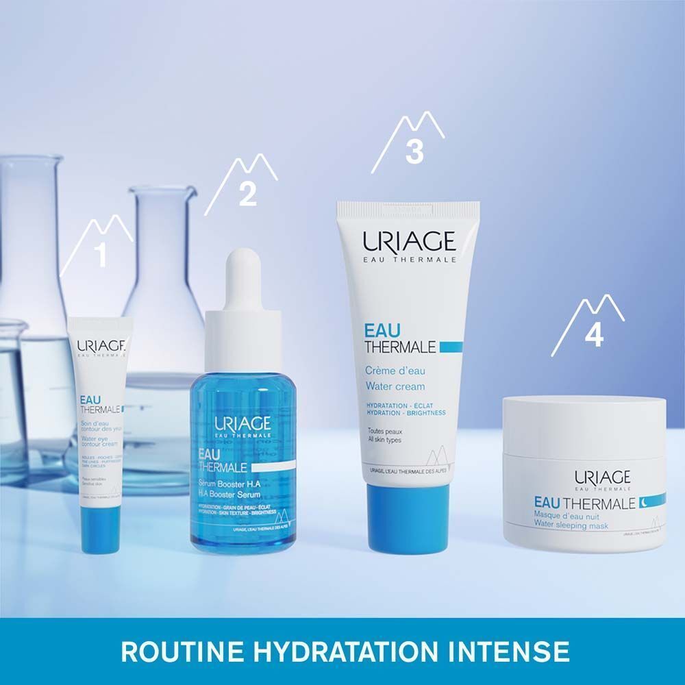 Différents produits Uriage. Texte: Eau Thermale Water Cream. Routine Hydratation Intense.